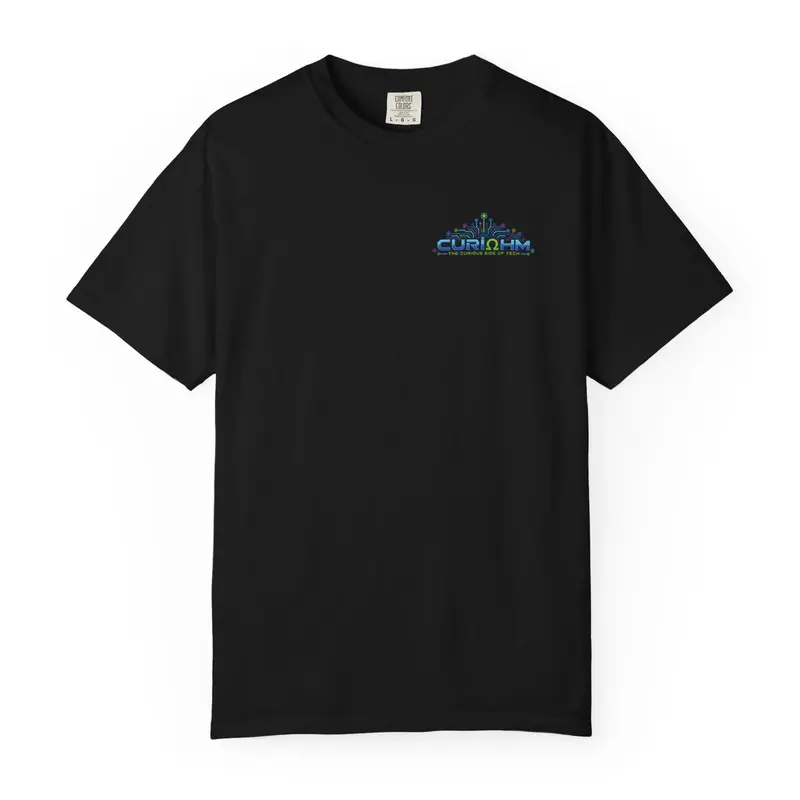 Actual TikTok listing photo of the black Curiohm circuit wordmark tee
